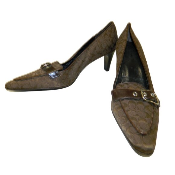 Coach Brown Monogram Buckle Loafers Pointed Toe Heel 7.5B Womens Leather Canvas - Picture 1 of 12